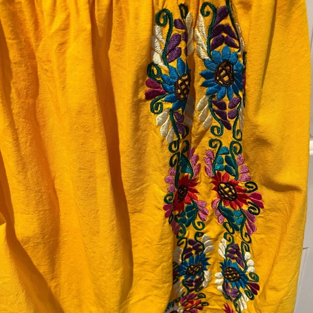 Yellow Mexican theme embroidered flowers Off-Shoulder Puff Sleeve Sundress sz xl - Picture 3 of 11